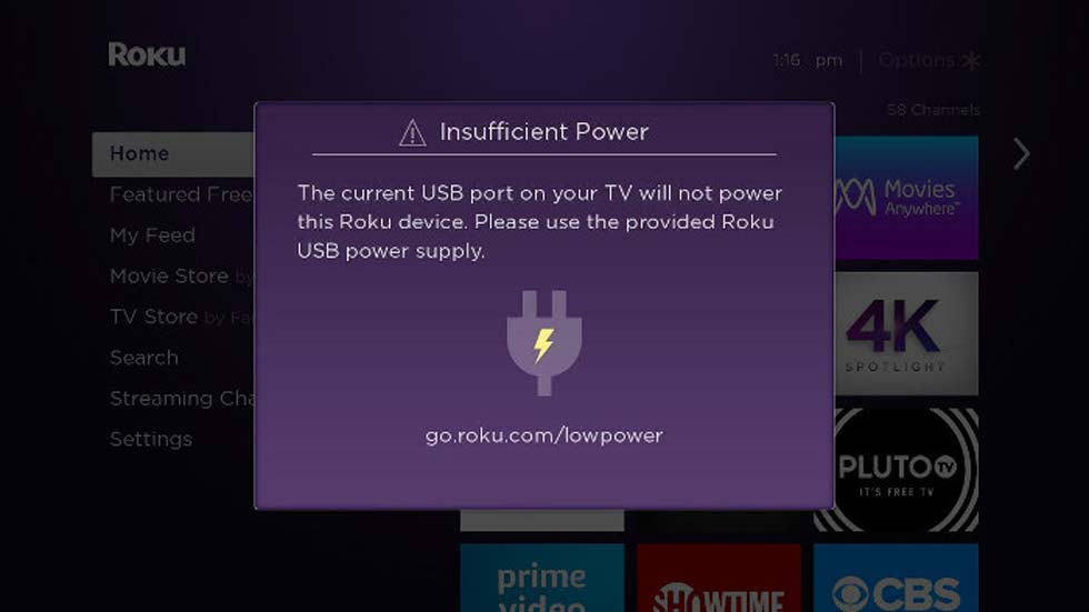 Roku Insufficient Power Warning Screen